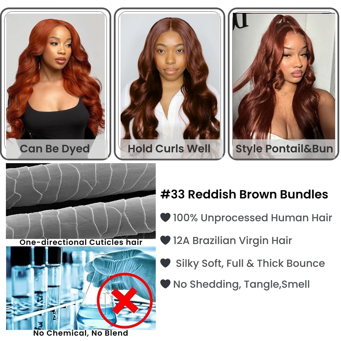 ALHER 33 Reddish Brown Body Wave Long Deep Part 2x6 Lace Closure, Copper Brown Colored 2x6 Kim K Closure Pre Plucked with Baby Hair, 12A 100% Brazilian Virgin Remy Human Hair for Black Women 14 Inch