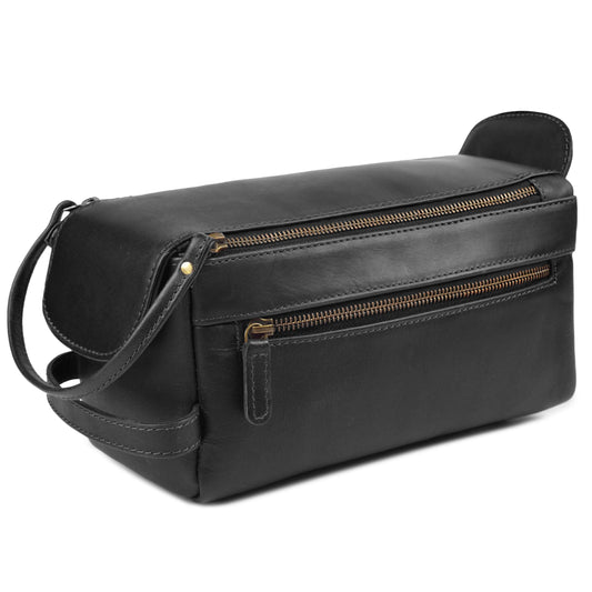 Full Grain Leather Toiletry Kit for Men & Women – Travel Toiletries & Shaving Bag Organizer, Water-Resistant Grooming Case for Bathroom, Makeup & Cosmetic Storage - Midnight Black