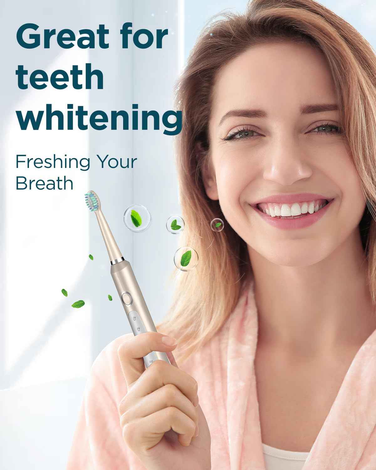 Rtauys M5 Sonic Electric Toothbrush for Adults - Rechargeable Electric Toothbrushes with 8 Brush Heads & Holder, Travel Case, Power Electric Toothbrush，3 Hours Charge for 120 Days - Champagne Gold