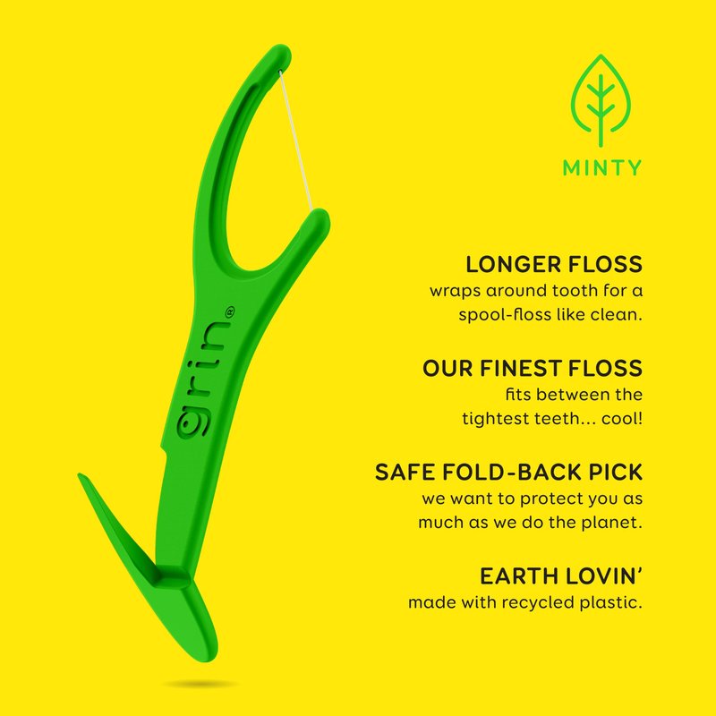 GRIN XtraFine Flosspyx, Floss Picks, 75 Count, Dental Flossers, Minty Flavor, Recycled Plastic, for Super Tight Teeth, Longer Floss Head, Slide Between Teeth, Includes Safe Soft Fold-Back Tooth Pick