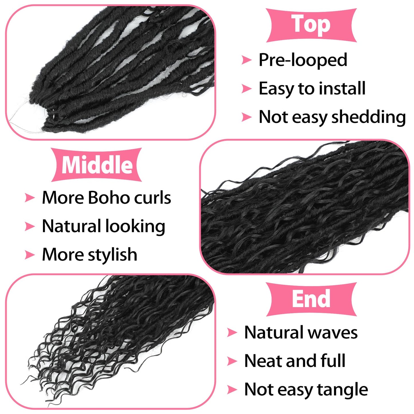 Boho Faux Locs Crochet Hair 24 Inch Goddess Locs 8 Packs Boho Soft Locs Crochet Hair with Curly Ends Pre-looped Long Bohemian River Locs for Black Women (1B, 24 Inch(Pack of 8))