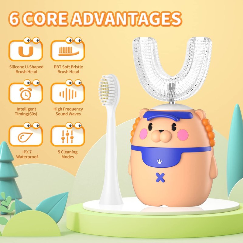 RexCodar Kids Electric Ultrasonic Toothbrush, U Shaped IPX7 Waterproof with 5 Smart Modes (Cartoon Duck, Ages 2-6)