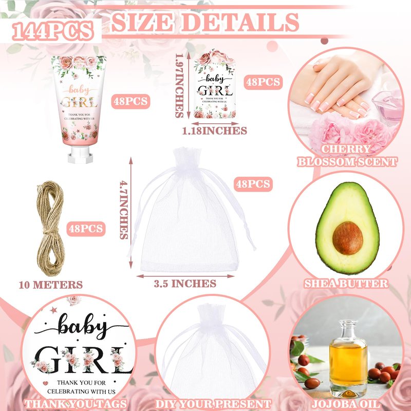 Dansib 48 Sets /144 Pcs Baby Shower Hand Cream Gift Party Favors for Guests Gift Bridal Wedding Thank You Gifts Bulk Mini Travel Size Hand Lotion Set for Guests(Baby Girl)