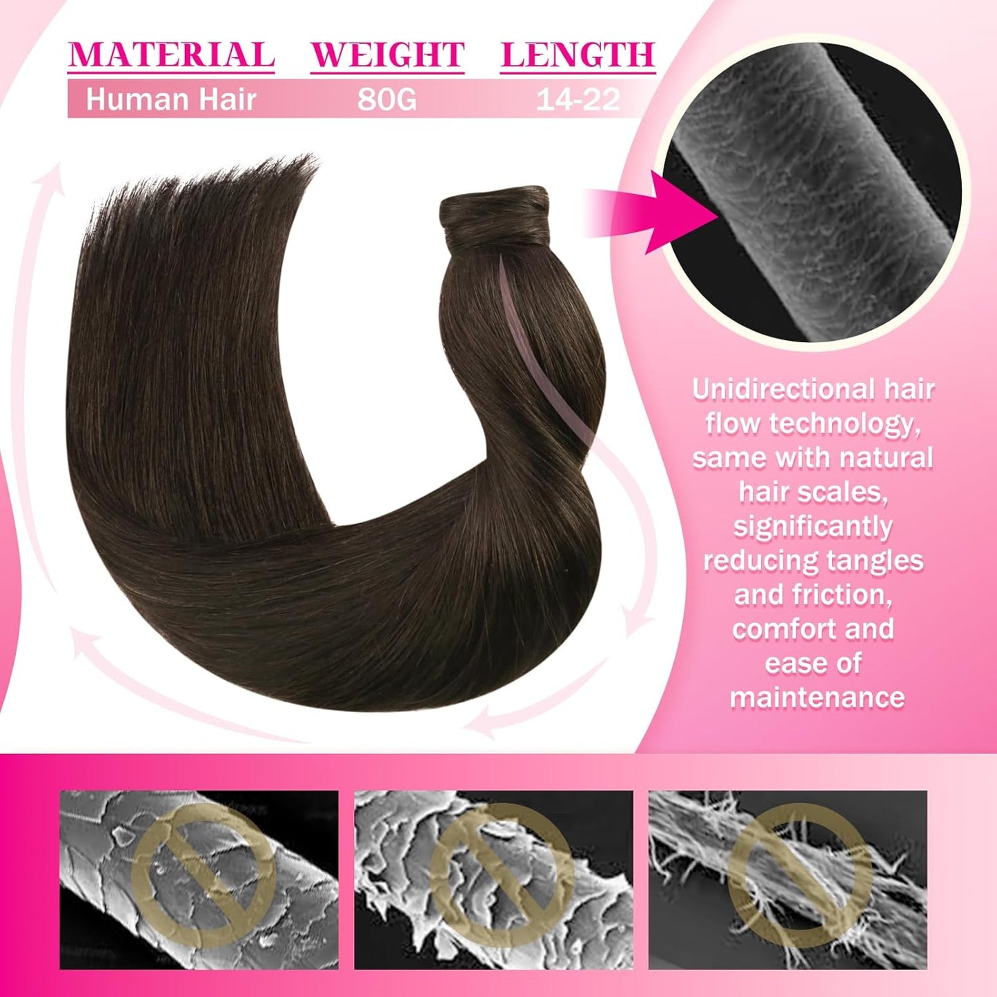 Real Human Hair Ponytail Extensions - 80g Clip-In Straight Hair for Women | Brunette Dark Brown, 14 Inch