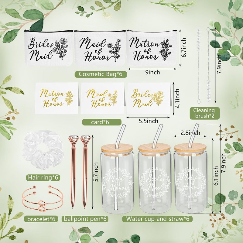 Nimbbex 36Pcs Bridesmaid Proposal Gifts,Maid of Honor Gifts Matron of Honor Gifts,include 16oz Glass Cups Makeup Bags Scrunchies Knot Bracelets Bridesmaid Cards Diamond Pens for Wedding