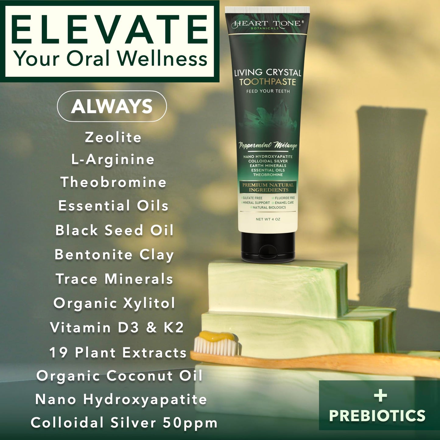 Heart Tone Botanicals Theobromine & Hydroxyapatite Toothpaste | Living Crystal | Fluoride Free | Colloidal Silver, Bentonite Clay, L-Arginine | Low Abrasion Tested | Mint
