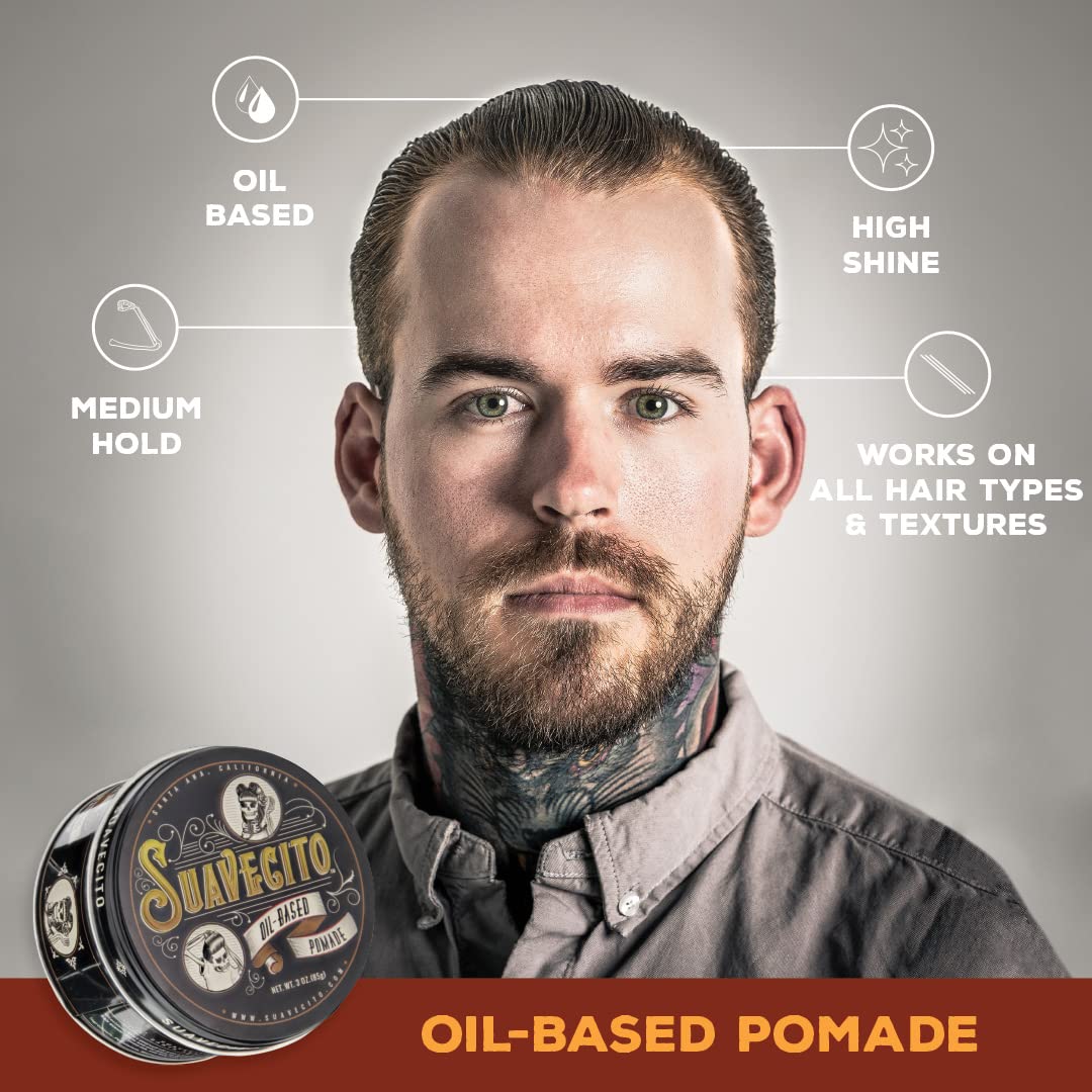 Suavecito Oil Based Pomade 3 oz Tin Can - Original Scent Hair Styling Long Lasting Hold, Healthy High Shine, For All Hair Types - Smooth Slickback To Pompadour Rockabilly Style Grease