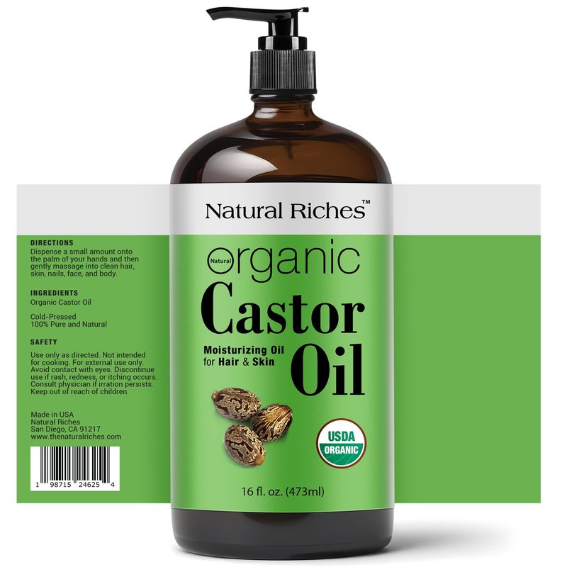 Natural Riches Organic Castor Oil Glass Bottle - USDA Certified, 100% Pure, Unrefined & Cold Pressed – Soothes Dry Skin, Scalp - For Hair Growth & Thicker Eyelashes, Eyebrows – 16 fl oz