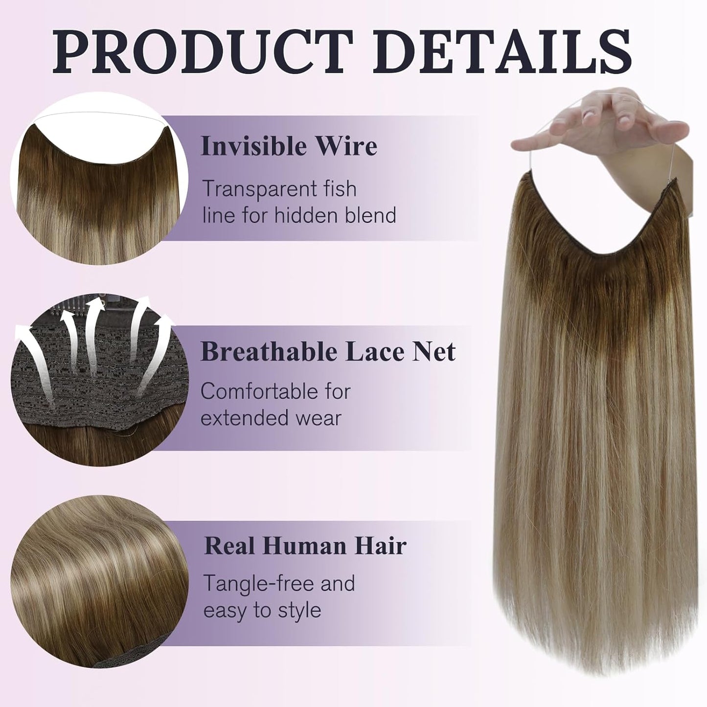 Invisible Wire Hair Extensions - Balayage Olive Brown to Ash Brown Mix Blonde, 12 Inch, 76g Remy Human Hair for Quick Volume