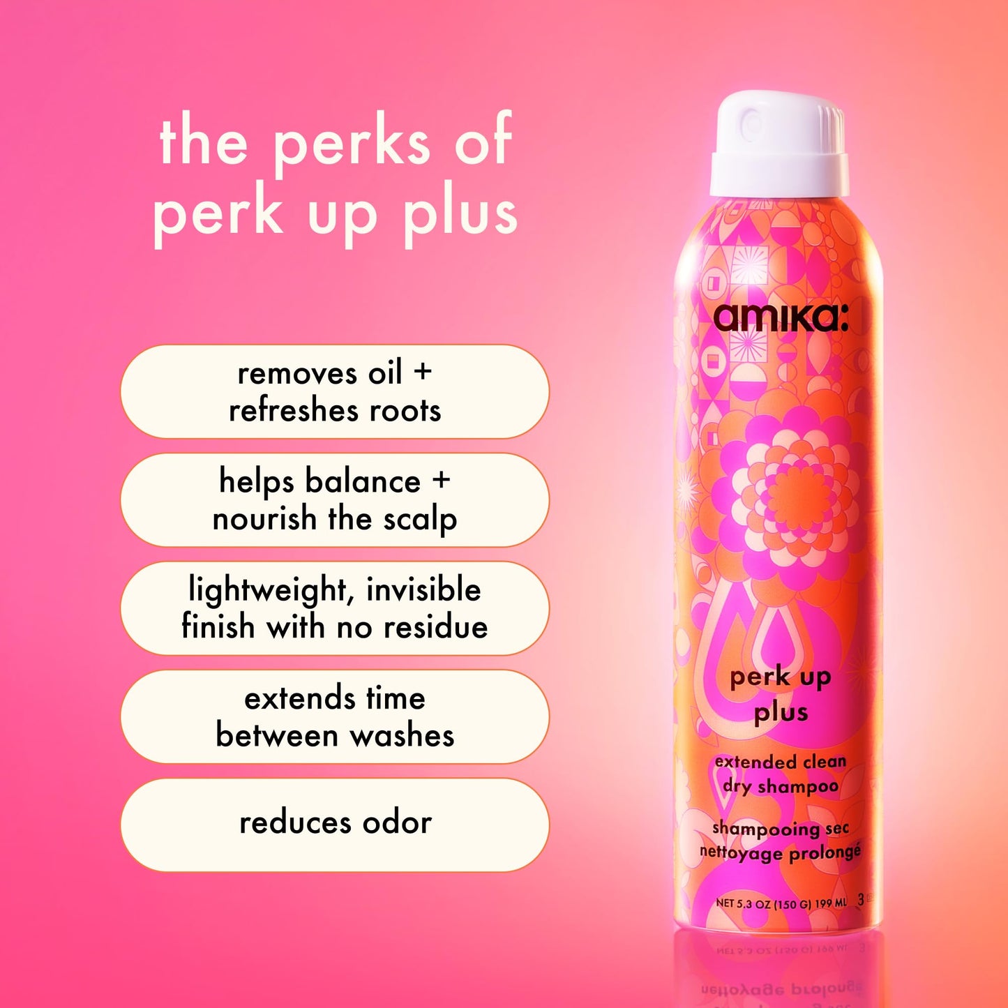 amika perk up plus extended clean dry shampoo, 9.5oz | revitalizes roots + boosts time between washes with no residue or build up | for all hair types