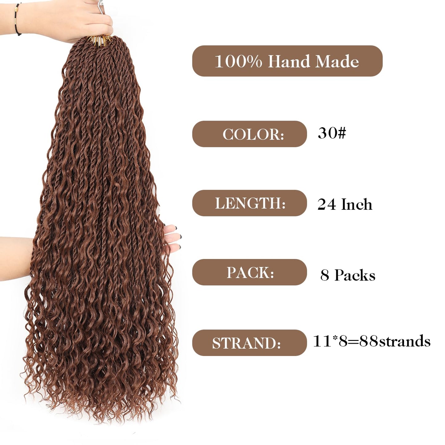 Boho lsland Twist Crochet Hair 24 Inch 8 Packs Medium Auburn Pre-Looped Senegalese Twist Crochet Braids with Curly Ends Synthetic Goddess Twist Crochet Hair for Black Women（30# 24 INCH）