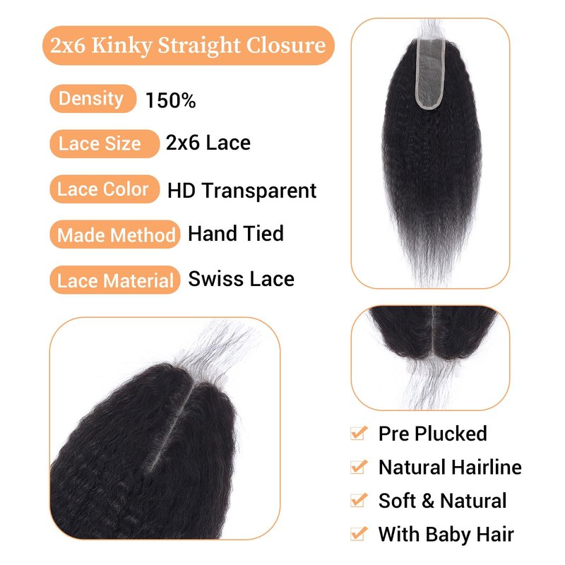 2x6 HD Lace Closure Kinky Straight Transparent 2 by 6 HD Lace Closure 14 Inch 100% Brazilian Virgin Unprocessed Middle Part Human Hair Closure