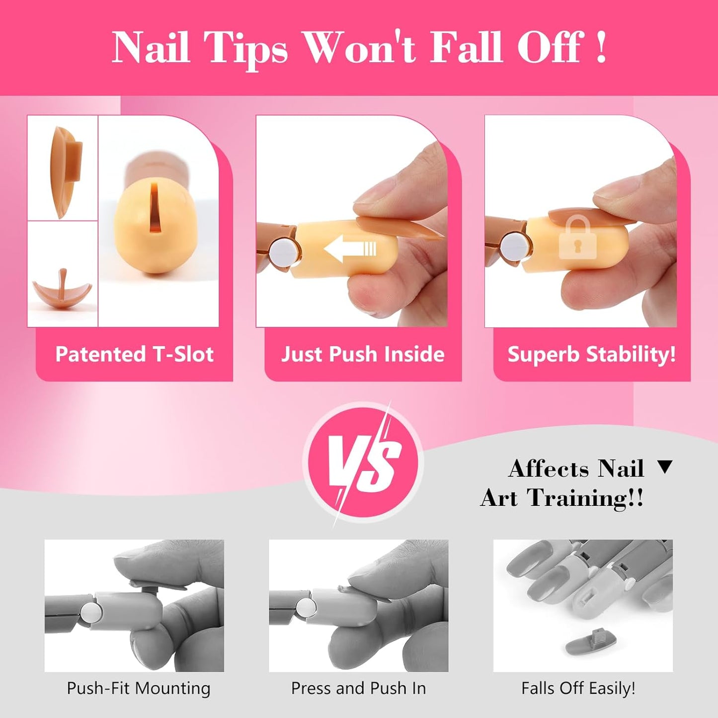 Acrylic Practice Fingers - 3PCS Fake Hands for Nail Training | Includes 200PCS Brown Nail Tips