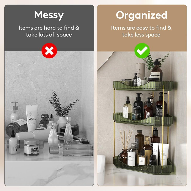 Lifewit 3-Tier Corner Bathroom Counter Organizer, Plastic Makeup Skincare Organizers Storage Countertop, Large Sink Cosmetic Perfume Shelf for Bedroom, Dresser, Kitchen, Vanity, Green, 39 cm/15inch(H)