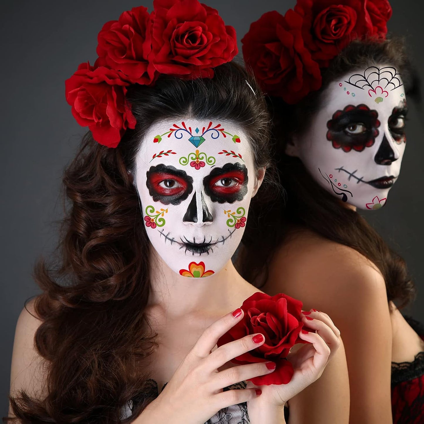 12 Sheets Halloween Face Tattoos - Day of the Dead Sugar Skull Designs | Large Temporary Tattoos