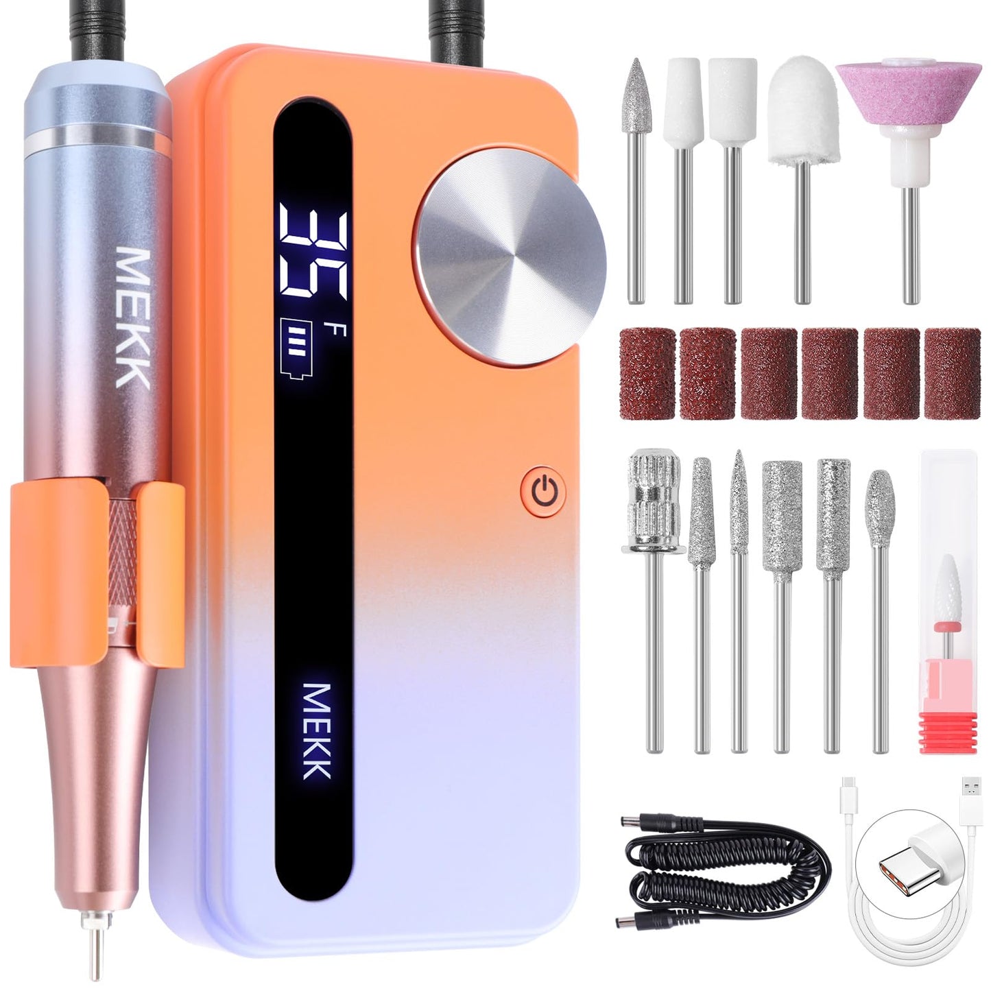 MEKK Nail Drill Kit,35000RPM Electric Nail Drill Professional Electric Nail File with 12PCS Bits,Anti-Shaking Cordless E Filer for Nails with LCD Display,Home & Salon (Orange Blue)
