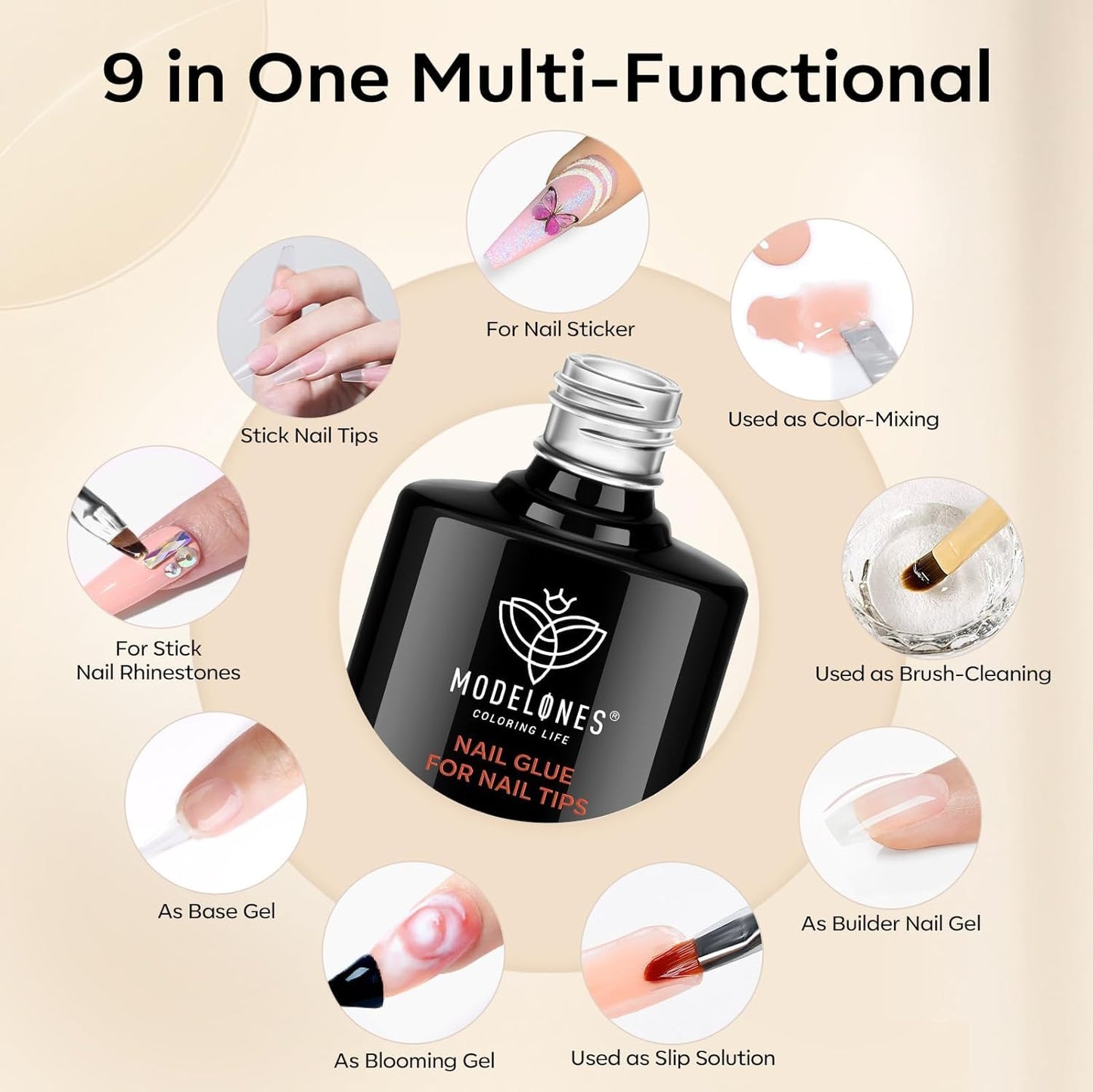 modelones 9 in One X Gel Nail Glue Prep Dehydrator for Nail Tips, Acrylic & False Press On Nails, Blooming Gel Adhesive Bond Base Coat Long Lasting Need U V DIY Home Salon Manicure Gift For Women