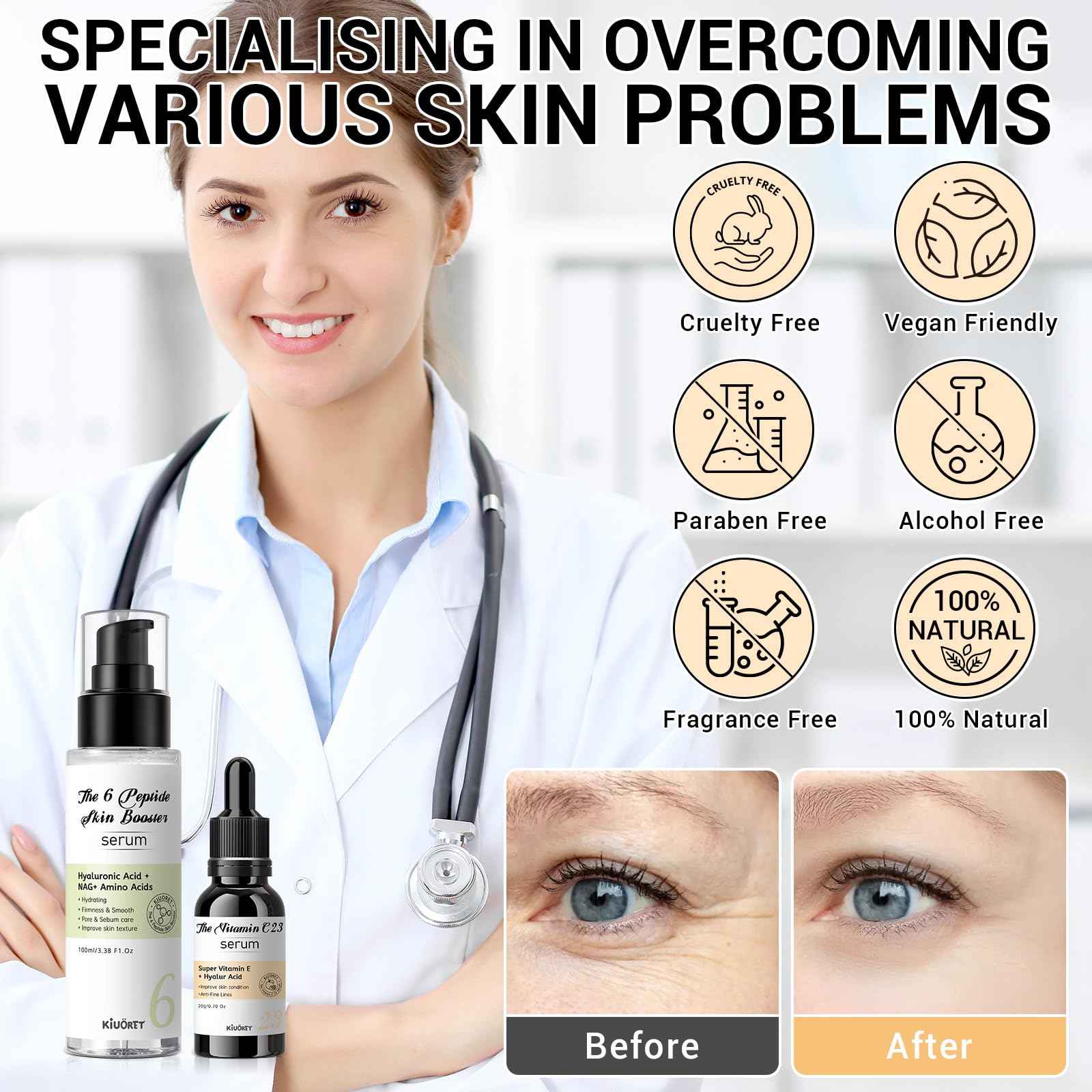 23% Vitamin C Serum 6 Peptide Booster Serum Set - Korean Skin Care Set for Deep Hydrating, Anti-Aging & Wrinkle-Reducing, Improves Skin Elasticity & Tone - Ideal Gift Set for Women