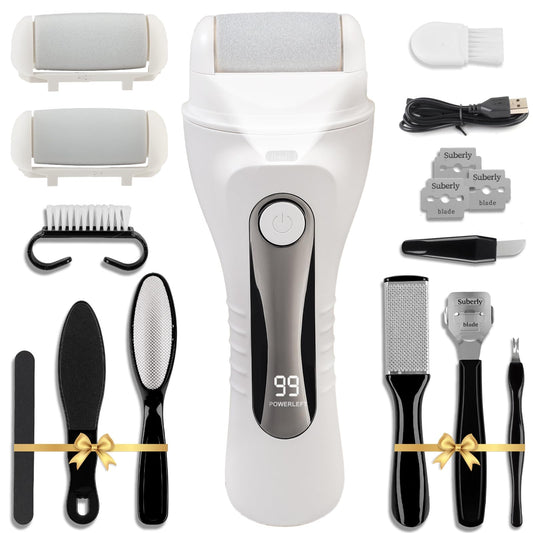 Meyluth Electric Foot Scrubber File Callus Remover, 17-in-1 Professional Pedicure Kit, Waterproof Cracked Dry Dead Skin Removal for Feet Care, Wider 3 Rollers, 3 Speed, Battery Display