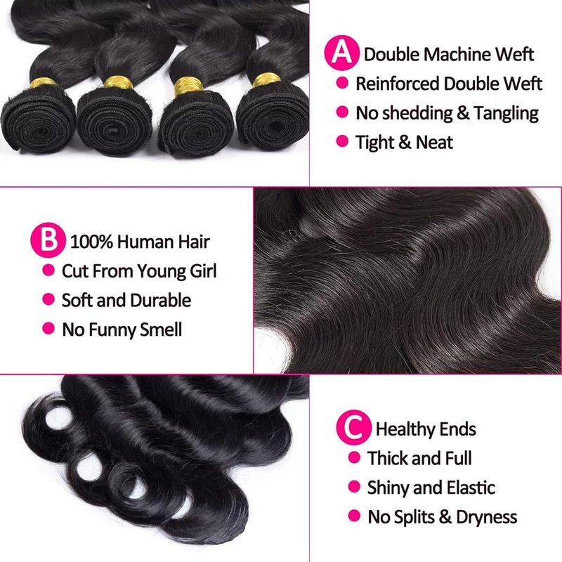 Human Hair Bundles Body Wave 8 10 12 14 Inch 100% Unprocessed Brazilian Body Wave 4 Bundles Human Hair Extensions for Women Quick Weave Natural Color