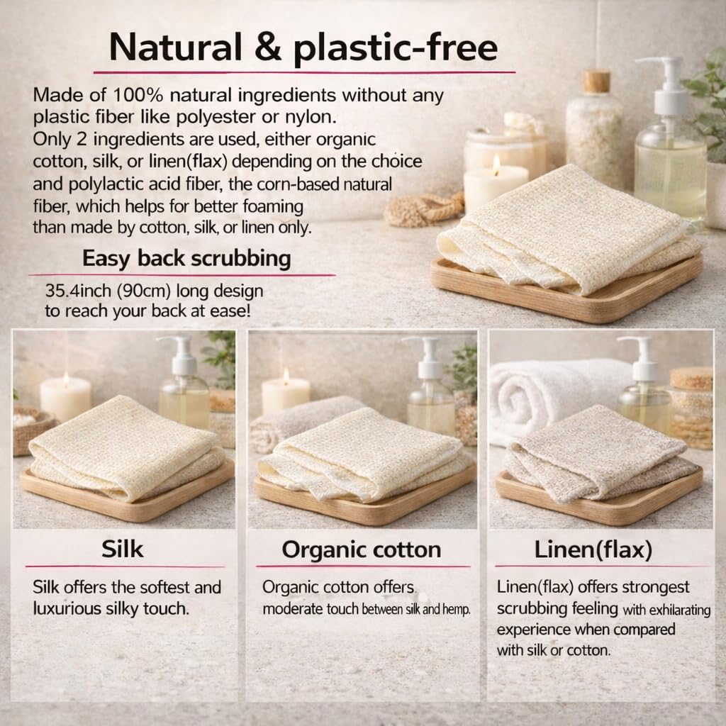 Exfoliating Washcloth [Made in Japan] Shower Back Scrubber, Plant-Based Loofah (3pcs Set)