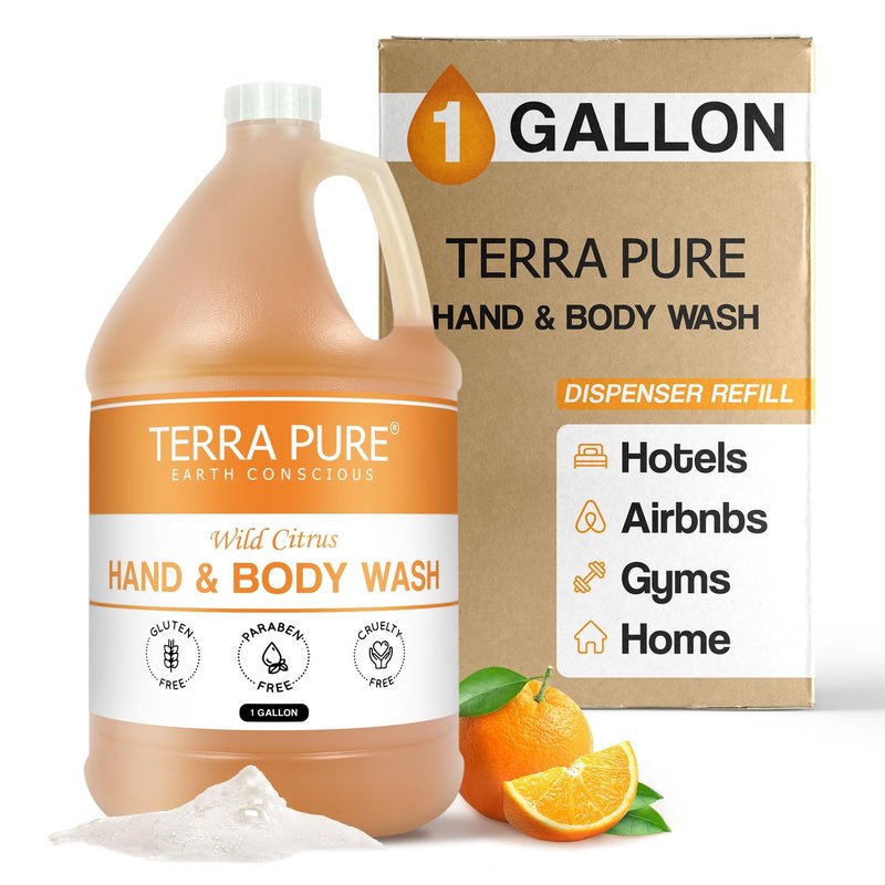 Terra Pure Wild Citrus Gallon Hand & Body Wash – Refill Jug for Hotels, Vacation Rentals, Guest Homes, Spas, Gyms | Bulk Liquid Soap Toiletries | No Color Added | For Sensitive Skin & Daily Use