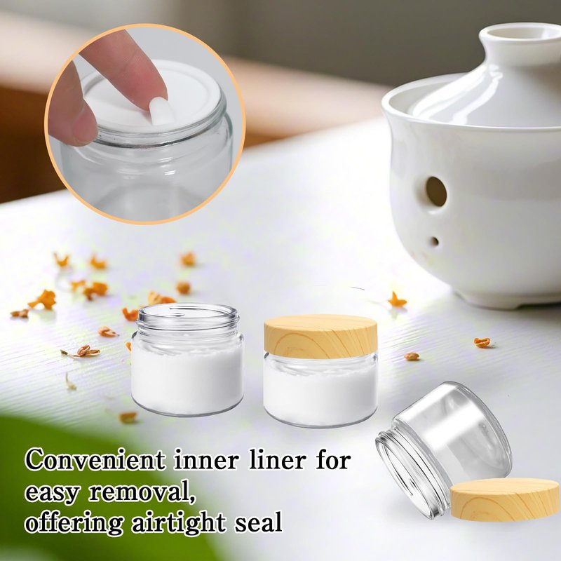 LECEHIVO 25 Pcs Glass Jars with Plastic Woodgrain Lids and Inner Liners 2 oz Clear Cosmetic Containers Empty Round Small Containers for Making Creams Lotions Powder Ointments Candle