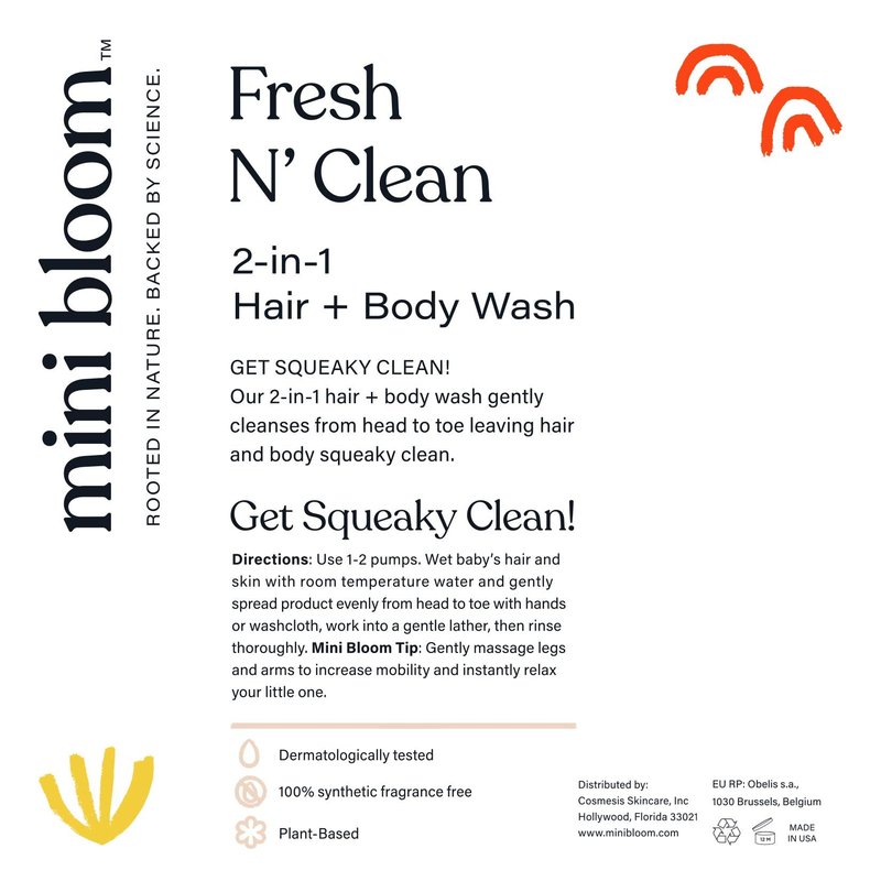 Mini Bloom Fresh N’ Clean 2-in-1 Hair + Body Wash | Shampoo Sulfate-Free | Baby & Kid Safe | Gently Cleanses Head to Toe w/Aloe leaf, Chamomile extract, Lavender & Botanicals 16.6 oz
