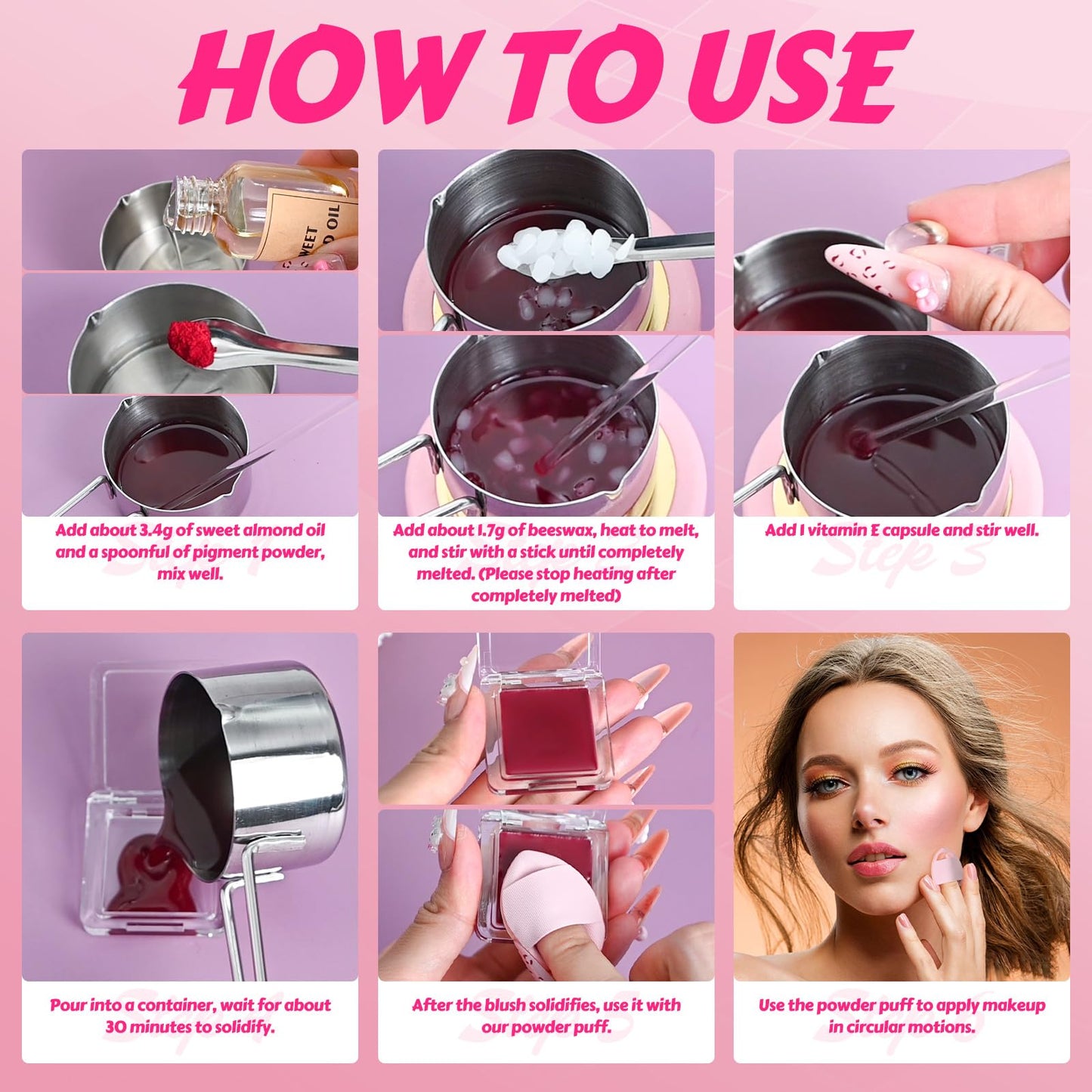 JCOOS DIY Blush Making Kit for Women | Make Your Own Cream Blush Eyeshadow Lip, Dewy Finish with Beeswax & Sweet Almond Oil, 8 Colors Pigment, Includes Puff Makeup