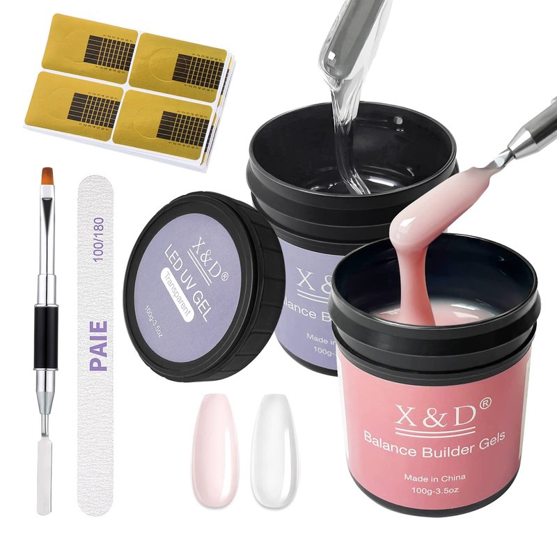 X&D Gel Nail Polish Kit - UV Polygel 2 Bottles Quick Dry 100g Natural Clear Color Nail Extension with Nail Forms, File, Acrylic Brush (Transparent & Nude Pink)