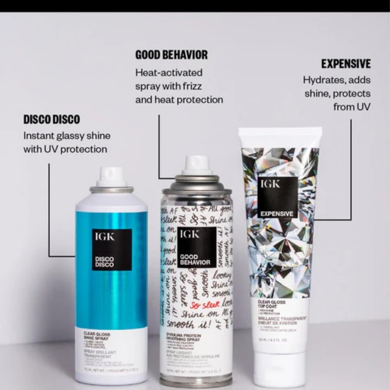 IGK Disco Disco Travel Size Clear Gloss Shine Spray | Weightless Glassy Shine with a Soft Non-Greasy Finish | UV Protection Finishing Spray | 2.1 Oz