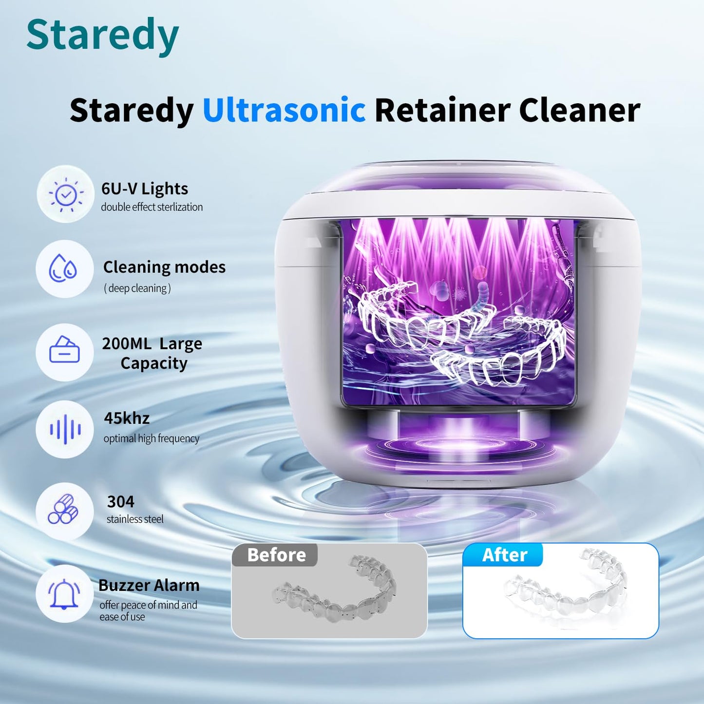 Staredy Ultrasonic Retainer Cleaner for Dentures,Oral Dental, 6 UV Lights-4 Mode-200ML Denture Cleaner Machine for Aligner,Braces, Jewelry with Mouth Guard Cleaner-Touchscreen (white)