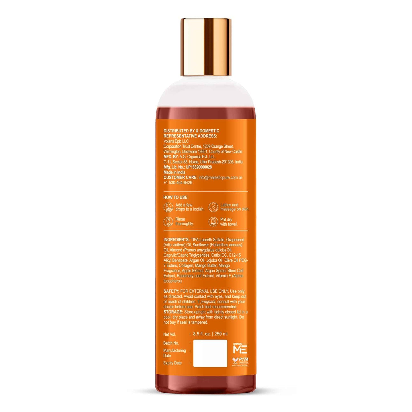 Majestic Pure Mango Nectar Shower Oil, Moisturizing with Mango Butter and Vegan Collagen, 8.5 fl oz