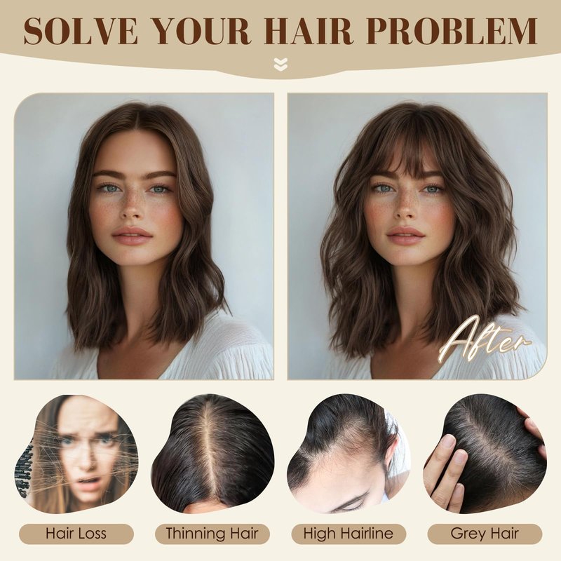 S-noilite Human Hair Topper with Bangs 360°3D Cover Toppers Hairpieces for Women Bangs Hair Clip Mocha Brown 12inch
