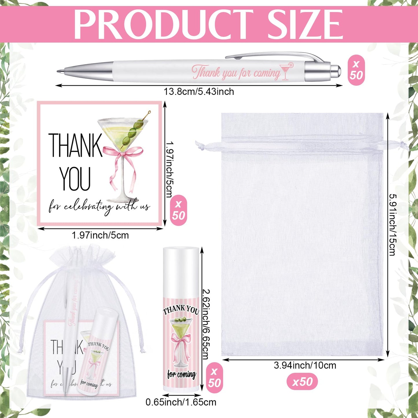 Heigble 50 Set Wedding Thank You Gifts, Thank You Lip Balm Bulk Retractable Ballpoint Pen Appreciation Card Organza Drawstring Gift Bag Bridal Shower Gift for Guest Wedding Party (Pink Bow)