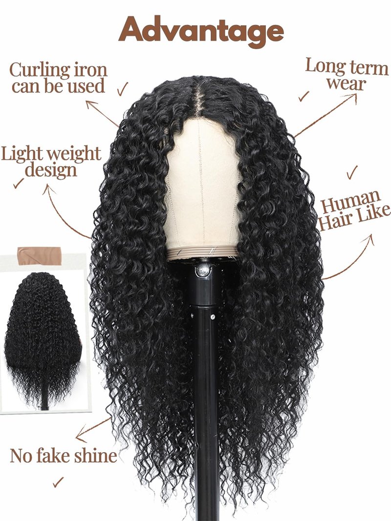YKHJH 26 Inch Curly Wigs for Black Women,Synthetic Lace Front Wig Black Curly Wigs, Womens Wigs Protein Fiber Like Human Hair, Glueless Curly Hair Wig(Black)