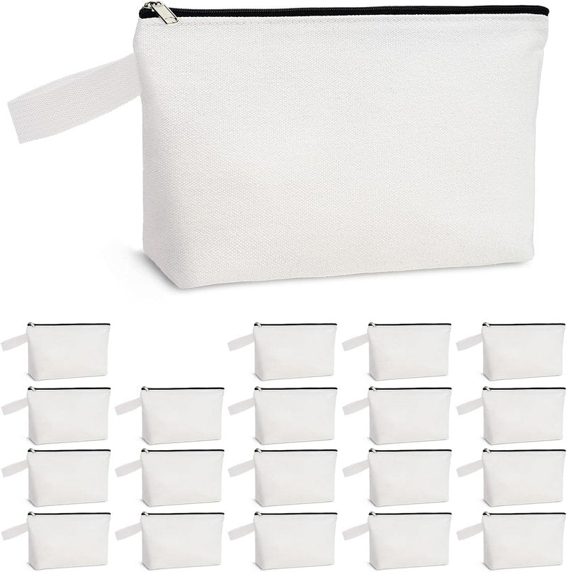 Koolmox 20 Pack 12Oz Blank Makeup Bags with Bottom and Strap, Multi-purpose Large Canvas Zipper Toiletry Organization Pouch Blank Bag for HTV Crafts (White Bag w/Black Zipper, L, 12.2x7.4x 2.7'')