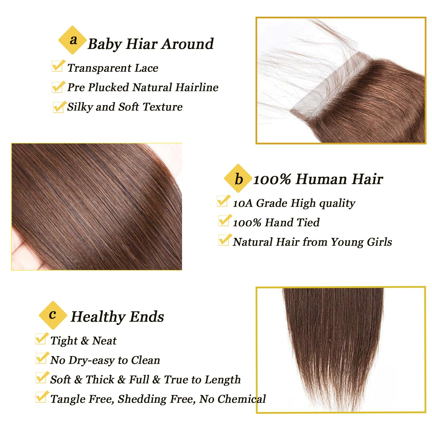 Kafeier 5x5 Chocolate Brown Closure 4# 100% Human Hair Pre Plucked With Baby Hair stright Closure 5 by 5 Lace frontal 12 Inch