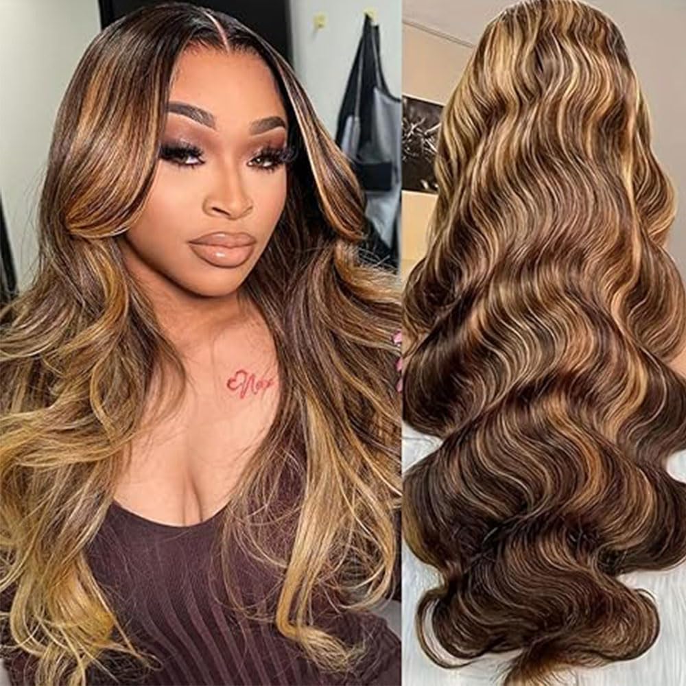 Lagalaga 18 Inch Color P4/27 Body Wave Wigs Human Hair Highlight Blonde Wis 200% Density Highlight Lace Frontal Wig 4x4 Lace Closure Wig Human Hair Pre Plucked For Black Women