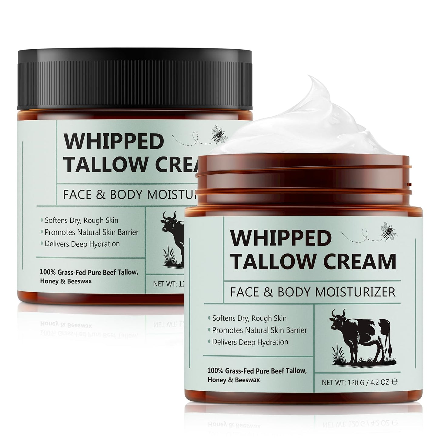 Cacukn Whipped Beef Tallow for Skin, Organic Face Moisturizer with Grass Fed Beef Tallow & Raw Honey, Deeply Moisturizes Face & Body, Reduces Skin Irritation and Sensitivity, 2 Pcs