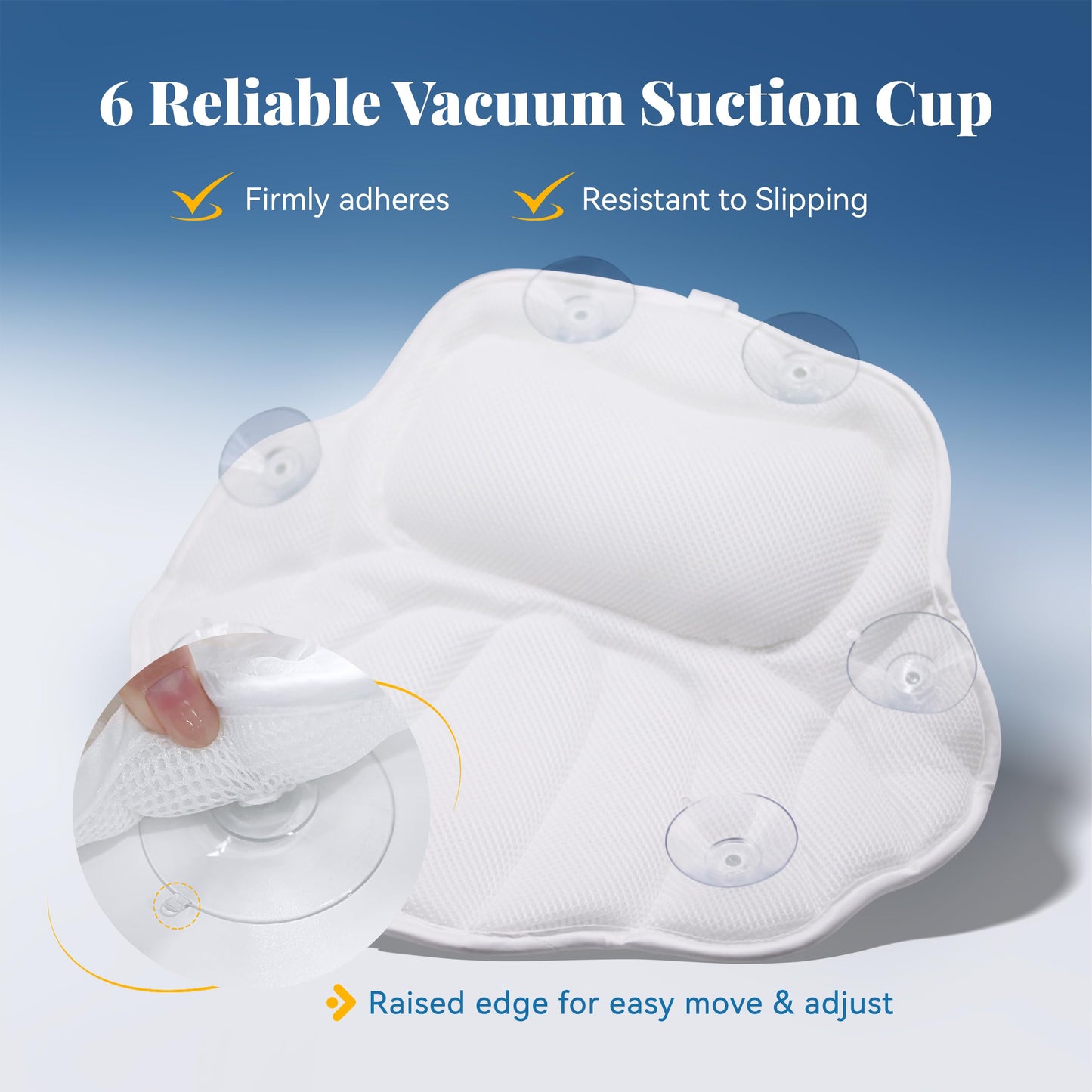 FerdY Bath Pillow for Bathtub,Thick Tub Pillows, Ergonomic Head Neck and Back Support, 6 Strong Suction Cups, Breathable 4D Air Mesh,White