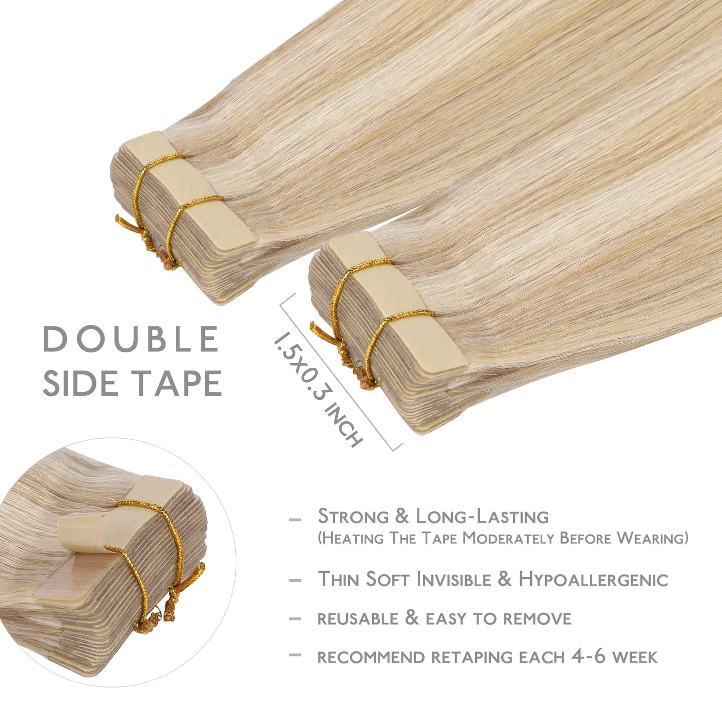 Tape In Hair Extensions - 18 Inch Dirty Blonde & Bleach Blonde Remy Human Hair | 20pcs, 50g, Straight Skin Weft
