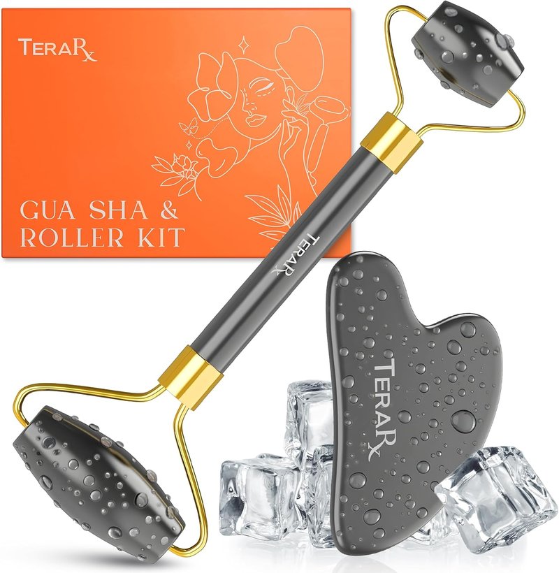 Terahertz Gua Sha & Facial Roller Set - Authentic Terahertz Stone for Puffiness Relief | Eye Massage & Relaxation