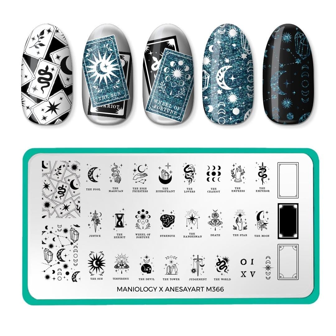 Maniology Anesayart Celestial Tarot Artist Collaboration Nail Stamping Plate | Tarot Card, Crystal & Cosmic Designs for Mystical DIY Manicures – Reusable, Rectangular Stainless Steel Nail Art Template