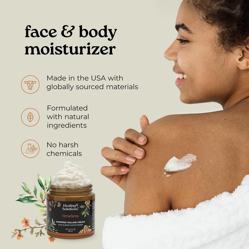 Healing Solutions - Whipped Tallow Balm, Frankincense, Myrrh & Sandalwood Scent, Grass Fed/Grass Finished Beef Tallow w/Organic Jojoba & Manuka Honey for Skin, Face & Body, All Natural Moisturizer