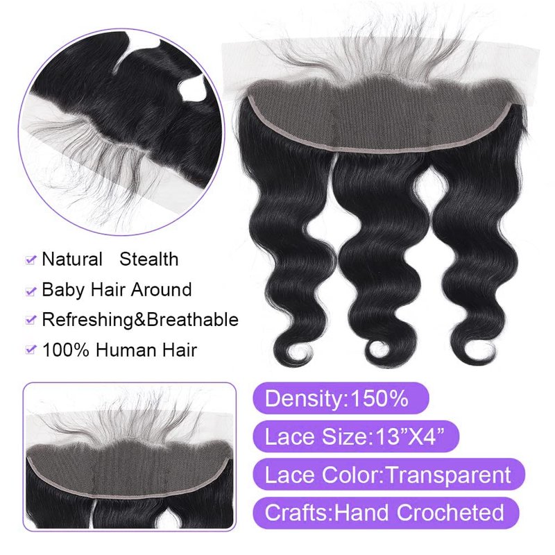 Winky Cool Body Wave Frontal Closure 13x4 Transparent Lace Frontal Brazilian Virgin Human Hair, 150% Density, 16 Inch, Black