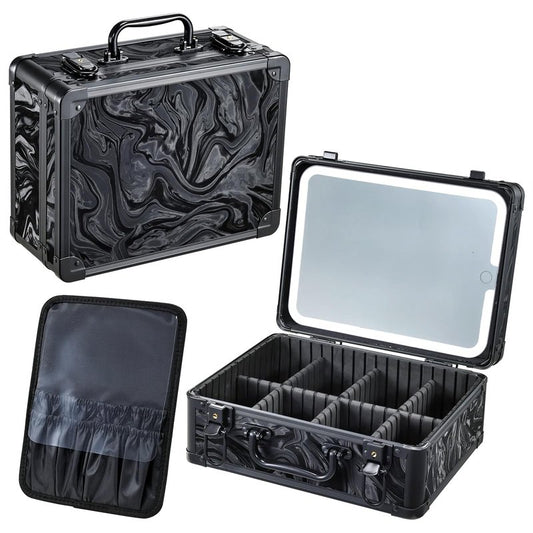 Faquenc Makeup Bag with LED Mirror - Travel Make Up Bag with Mirror and Light, ABS Aluminum Makeup Case with Lighted Mirror, Cosmetic Organizer Case, Black Fluid-Color, 11.6x9x5 Inch