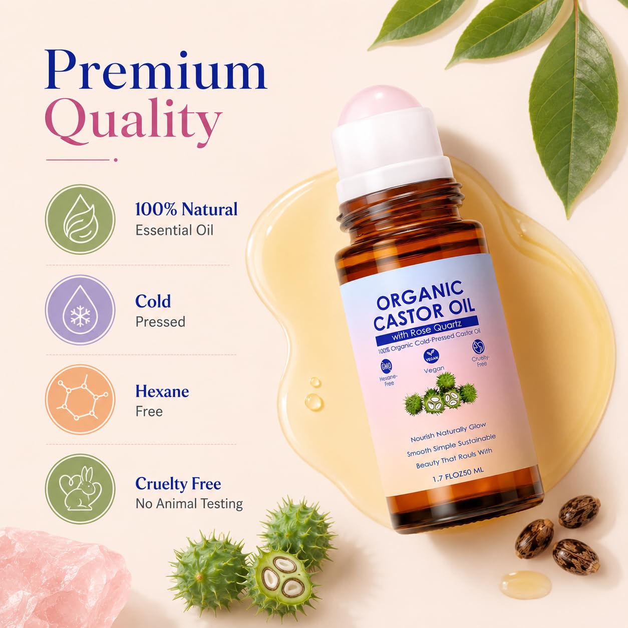 SDXJIOGE Organic Castor Oil Rose Quartz Roller Ball – 100% Cold Pressed Hexane Free Castor Oil Roll On for Facial Skin Care, Fine Lines, Wrinkles & Under Eye Puffiness (1.7 Fl Oz)