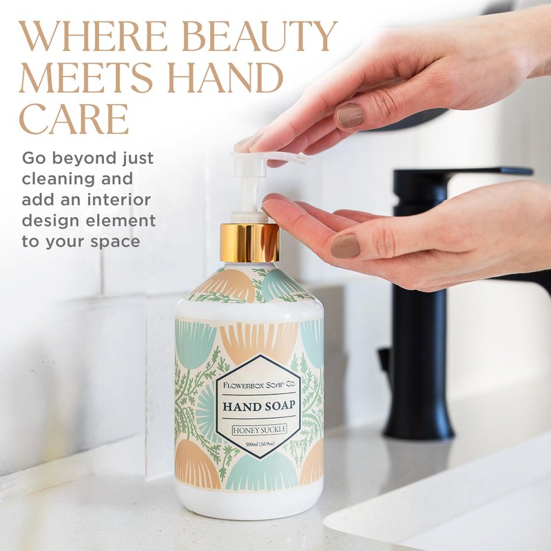 FlowerBox Liquid Hand Soap with Pump – Set of 4 Scented, Decorative Hand Soap Dispensers for Bathroom and Kitchen – 500 mL Luxury Floral Mosaic Bottles, Gift Pack