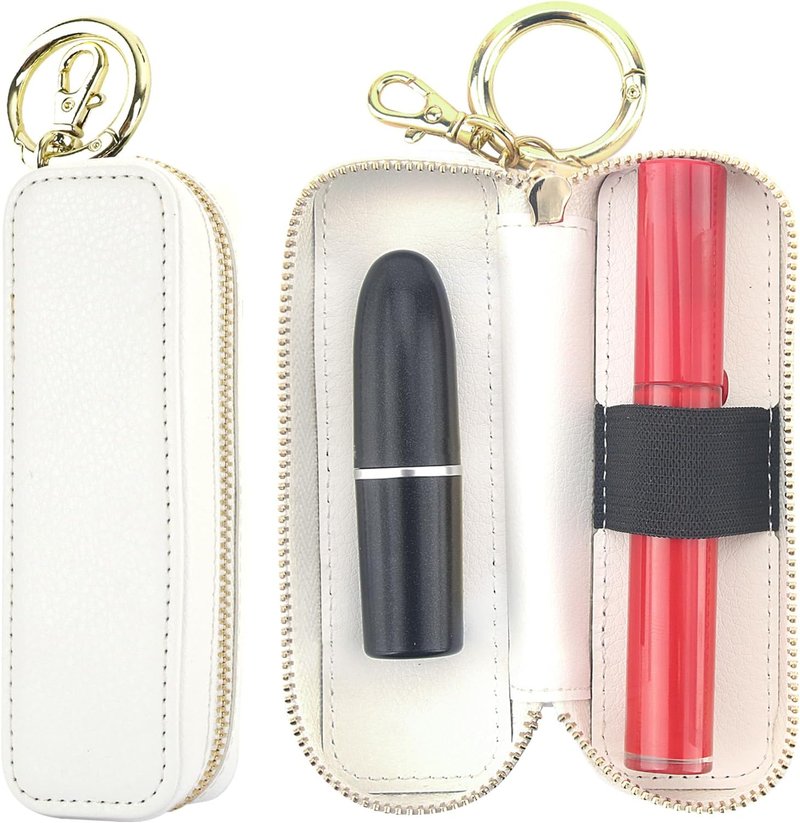 Leather Lipstick Case Holder - Zipper Lip Balm & Gloss Pouch for Purse | Makeup Travel Organizer (White)